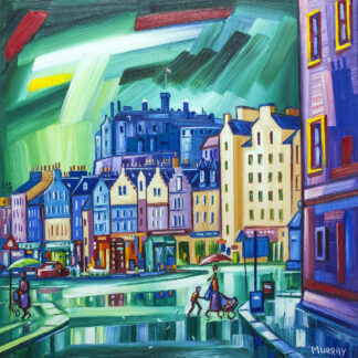 A colorful expressionist painting depicting a vibrant street scene by a canal with buildings, pedestrians, and dramatic brush strokes in the sky. By Raymond Murray